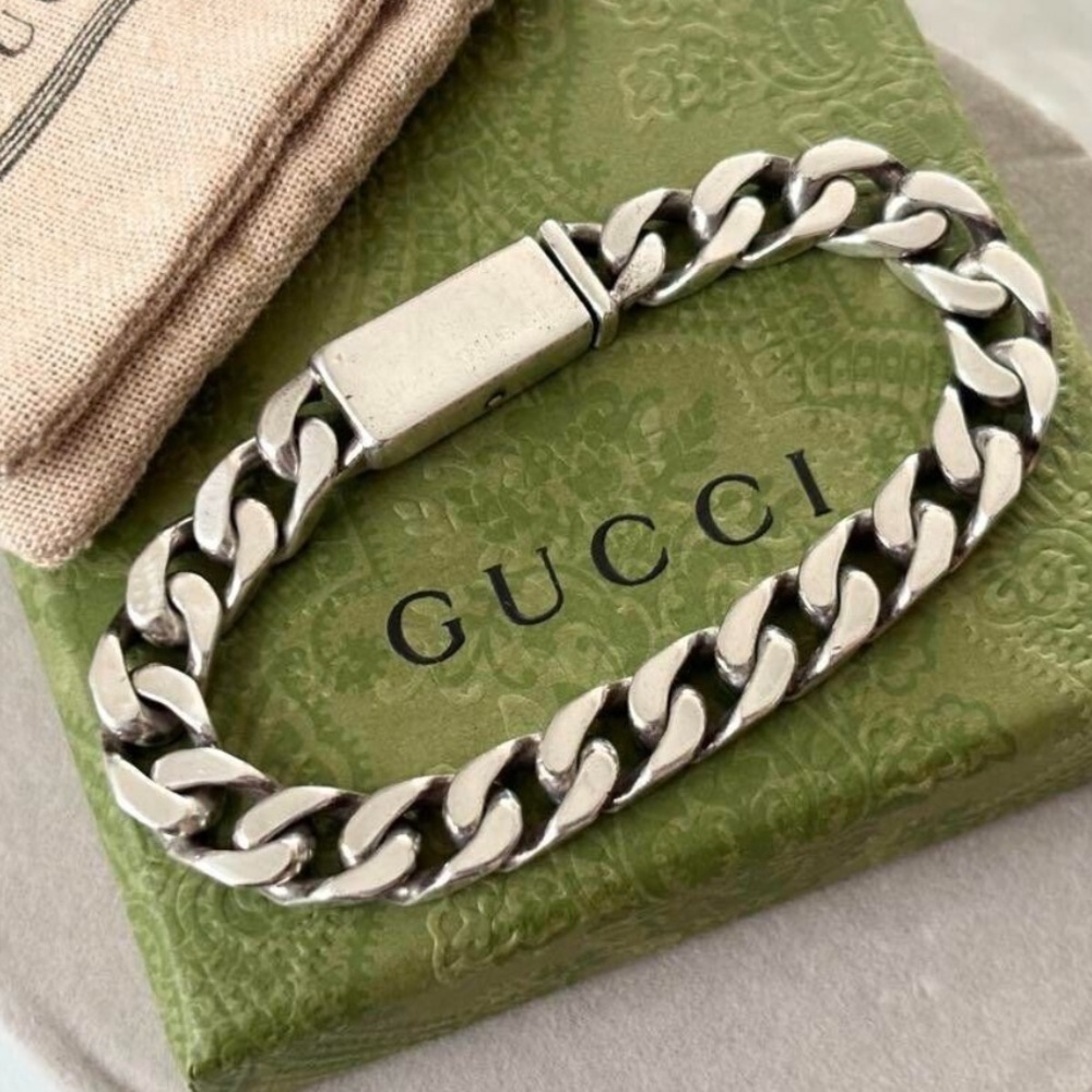 GUCCI BRACELET SILVER 925 CUBAN LINK GOURMETTE CHAIN Authentic